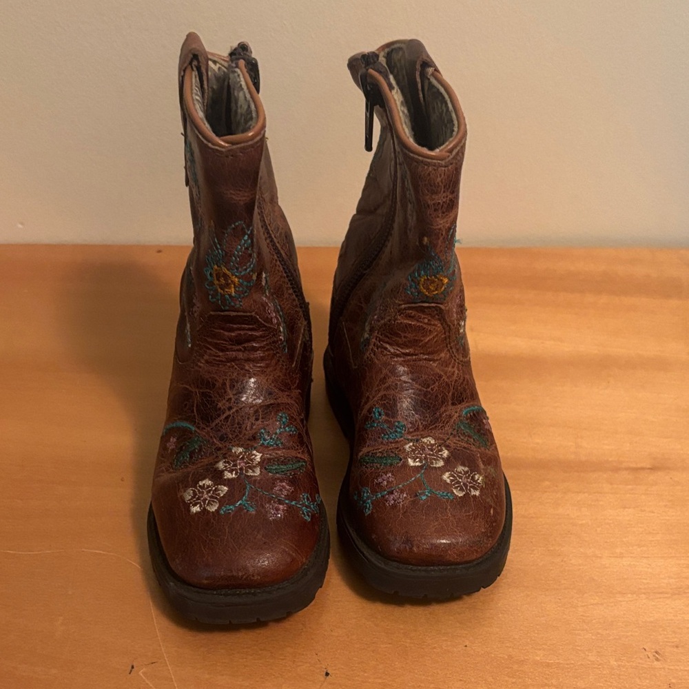Shyanne Brown Kids Boots with Floral Embroidery
